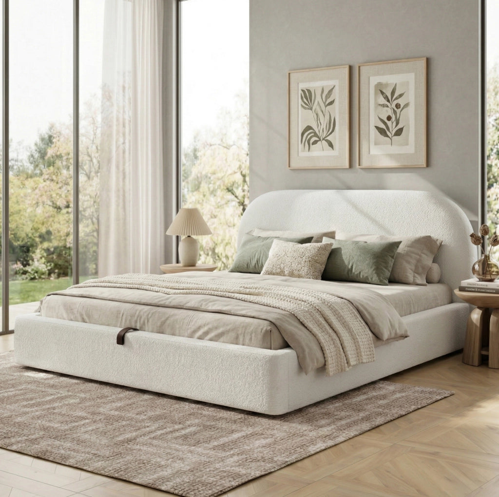 Letto imbottito con contenitore; in bouclé beige
