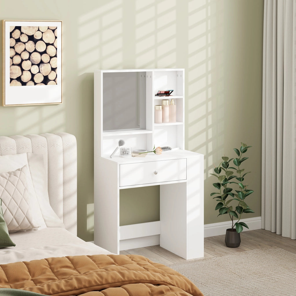 Tavolo trucco con specchio e cassetto, 3 ripiani laterali ¨C Minimal ¨C bianco