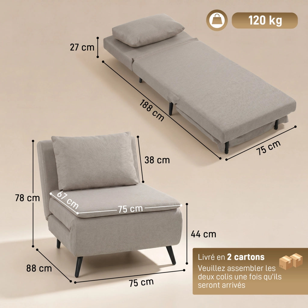 Divano Letto 1 Posto ¨C Minimal ¨C Marrone Chiaro con Cuscino e Dossier Regolabile