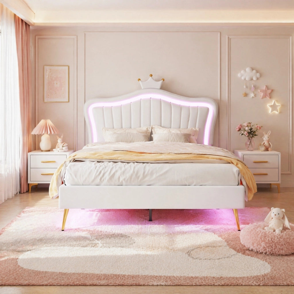 LETTO imbottito bambini 140x200 cm bianco con LED