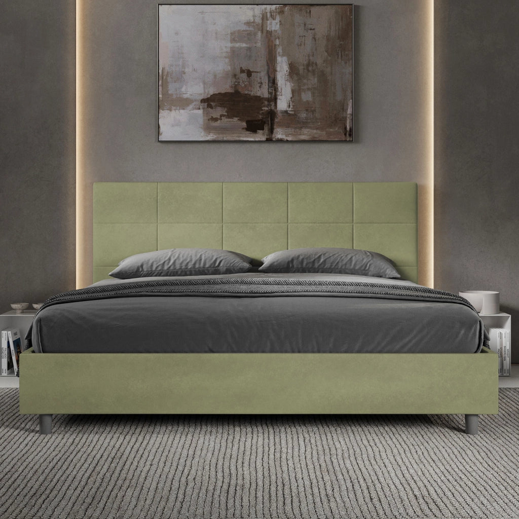 BS COM Letto matrimoniale king size senza rete imbottito 190x190 microfibra tè verde