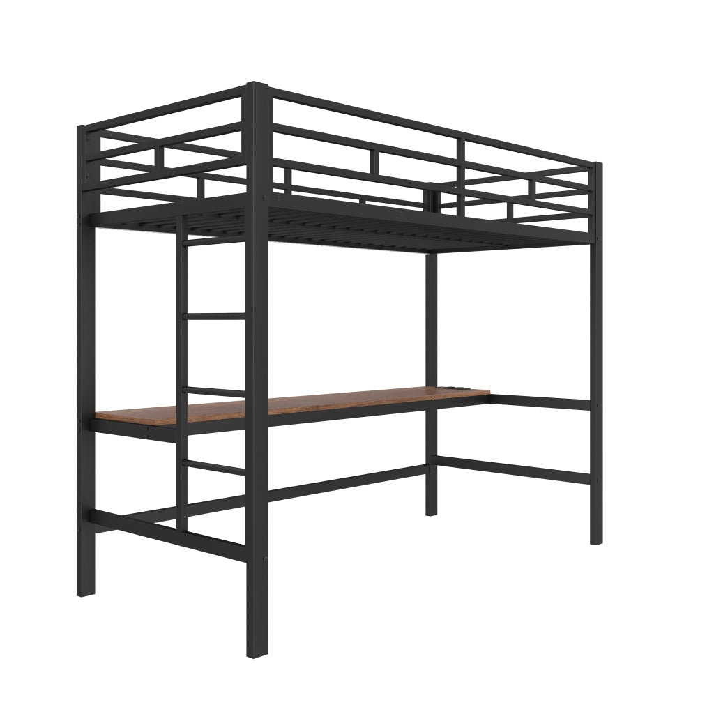 OKWISH Letto a Soppalco 90×200 cm, Letto Singolo con Scrivania, USB, Tipo-C, Presa e LED Regolabile, senza Materasso, Metallo, Nero