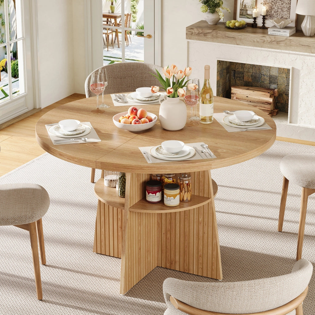 Tavolo da pranzo rotondo allungabile 110-150x110x77,5 cm, design moderno effetto legno naturale