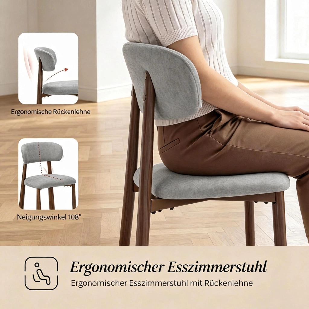 Sedia da pranzo Set da 2 con Schienale Imbottito Design Ergonomico in Ciniglia Grigio