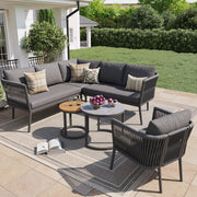 OKWISH Set da 6 Pezzi da Giardino con 2 Divani, 1 Poltrona, 1 Divano Angolare e 2 Tavoli, Metallo Olefin Grigio