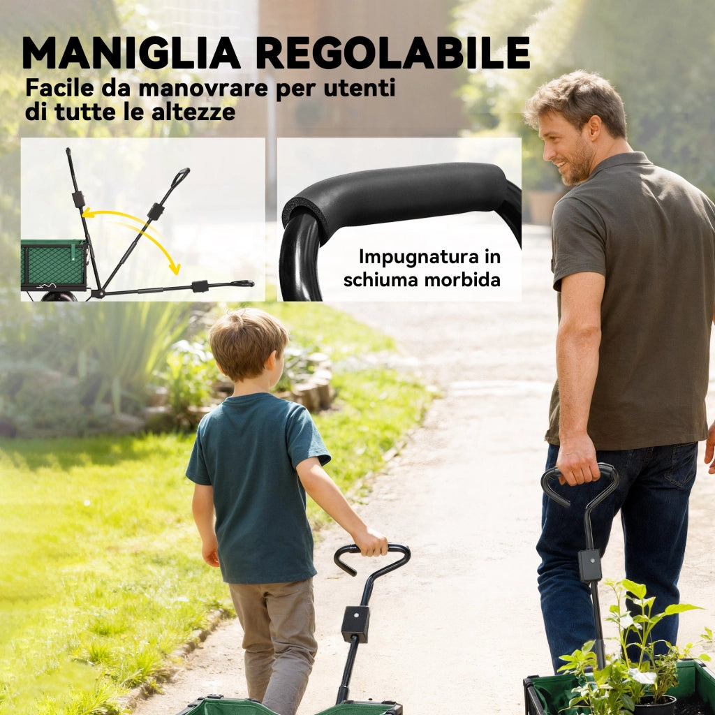 Carrello da Giardino in Acciaio 114L ¨C Xylo ¨C Verde, con Sacca e Pareti Rimovibili 105x51x54cm