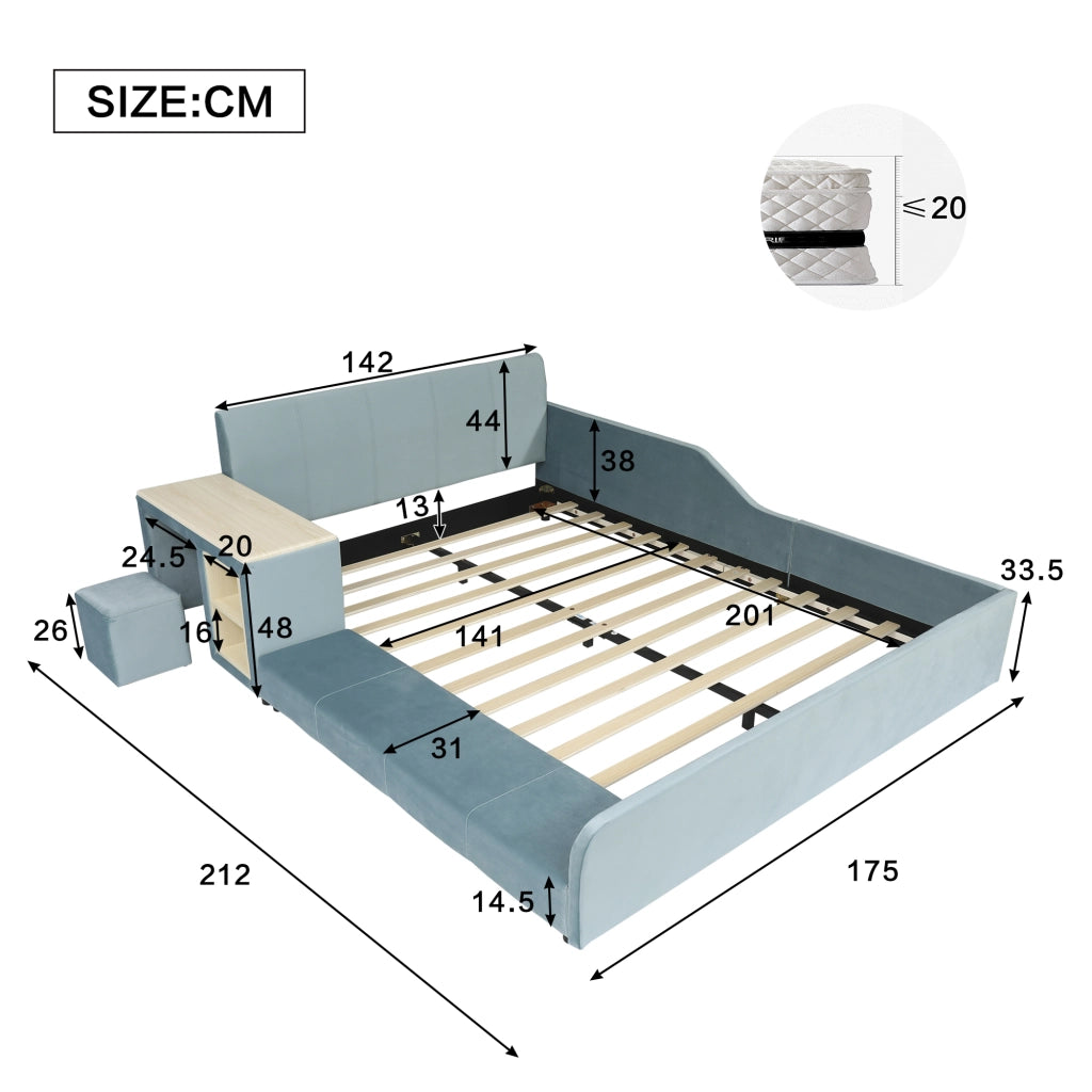 LETTO Singolo 140x200 cm in Velluto Blu con scrivania laterale e sgabello
