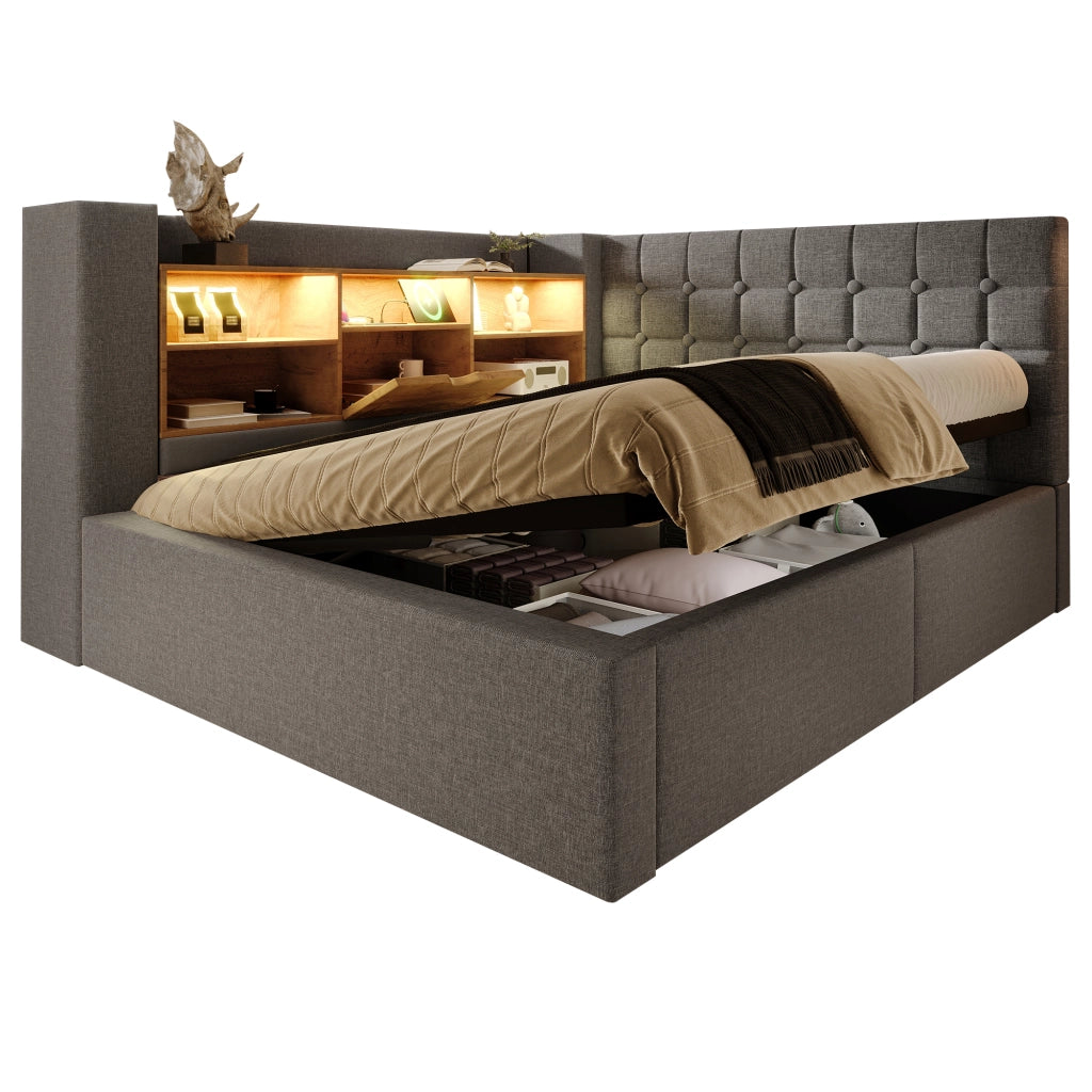 Letto imbottito 140x200 cm con LED, contenitore idraulico, testiera a L, rete e materasso, grigio