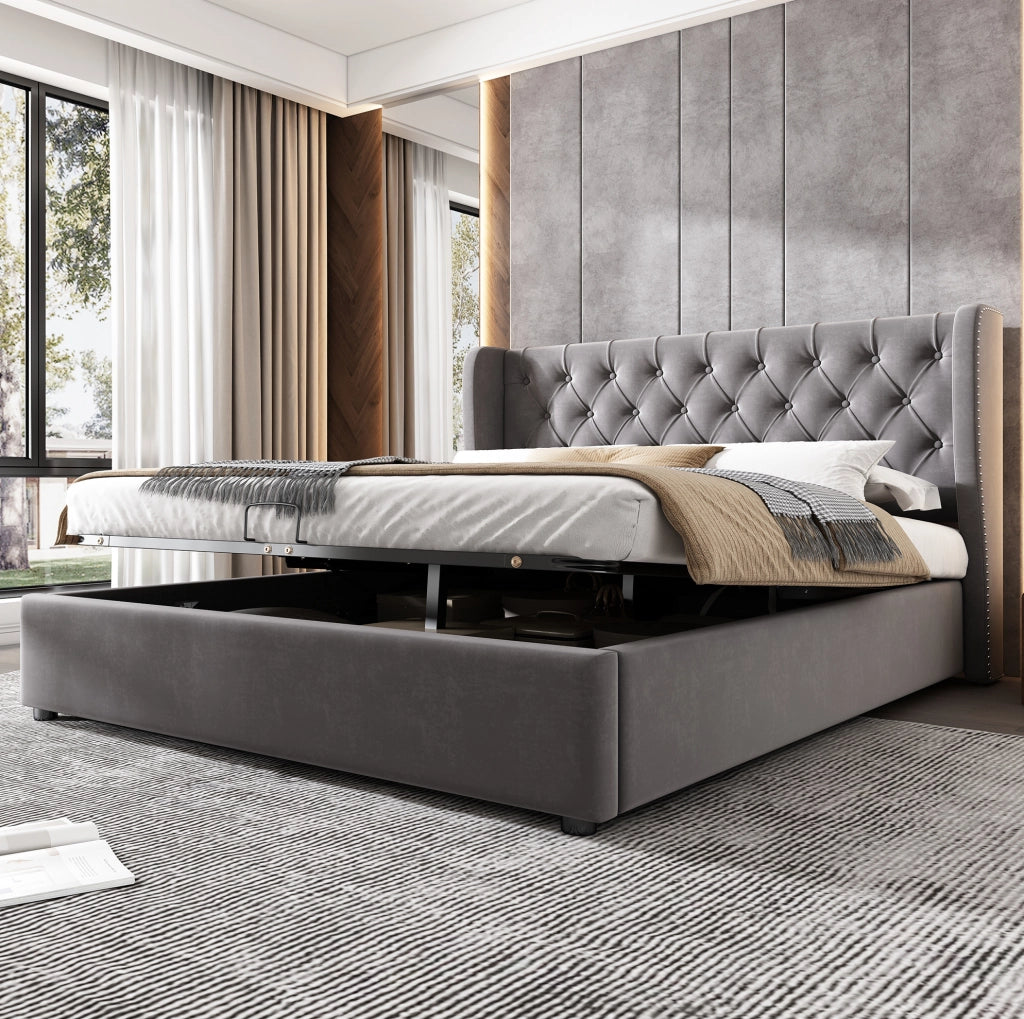 Letto imbottito in velluto grigio con contenitore e rete a doghe