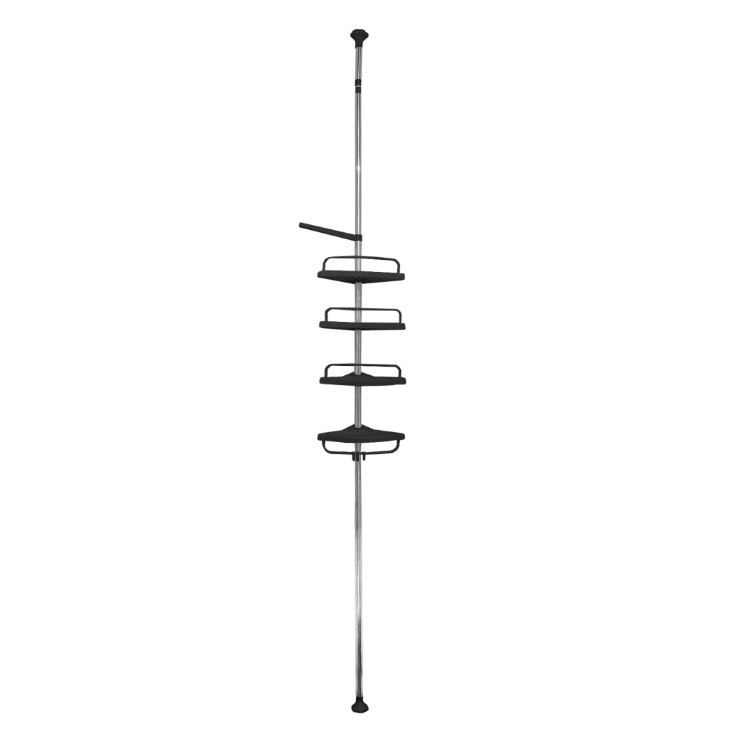 Mensola telescopica da bagno 276-330 cm – 4 ripiani regolabili con ganci – Senza forature – Acciaio inox