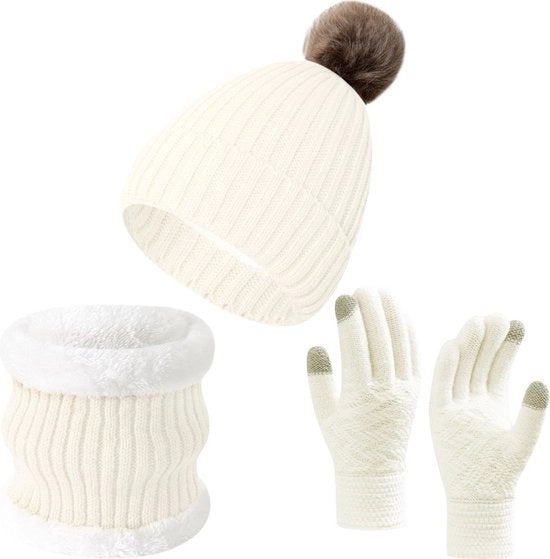 Set di cappello e sciarpa 3 pezzi, unisex, set invernale caldo, cappello caldo e spesso intrecciato, sciarpa e guanti touchscreen, adatto per attività all'aperto - Bianco - 35*25*4