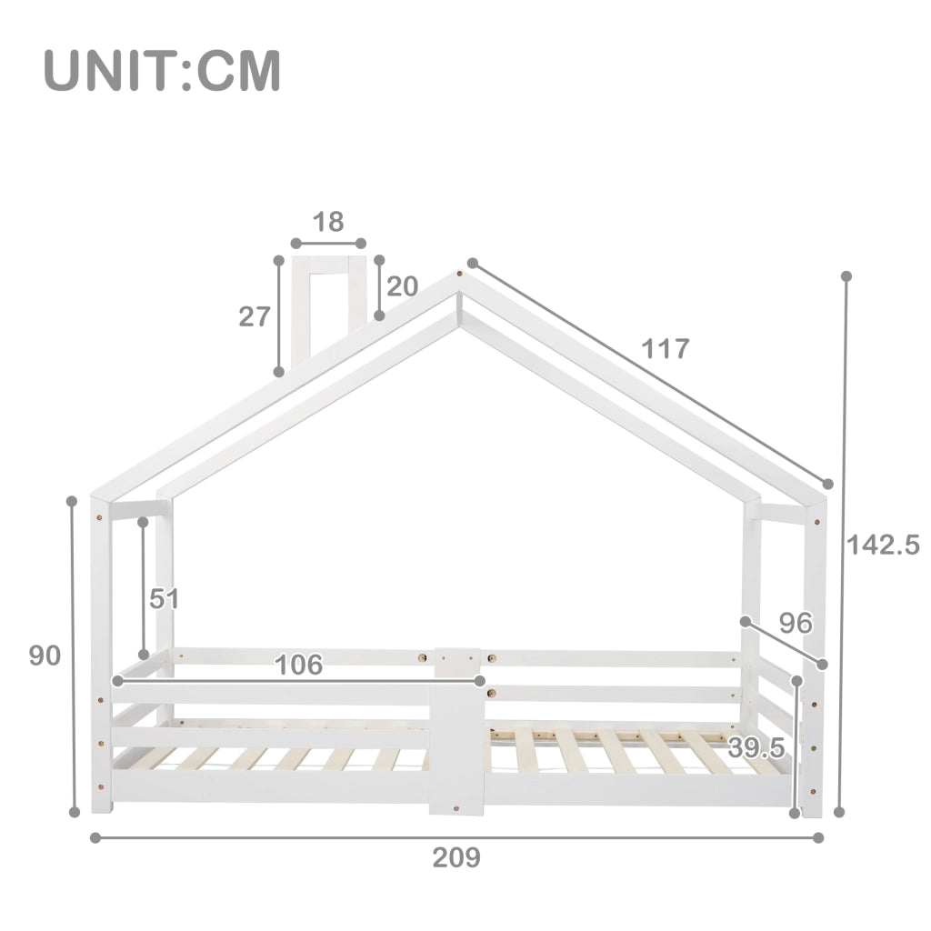 Letto a casetta per bambini - Zephmum - 90x200 cm - Bianco - Con camino e protezione anti-caduta