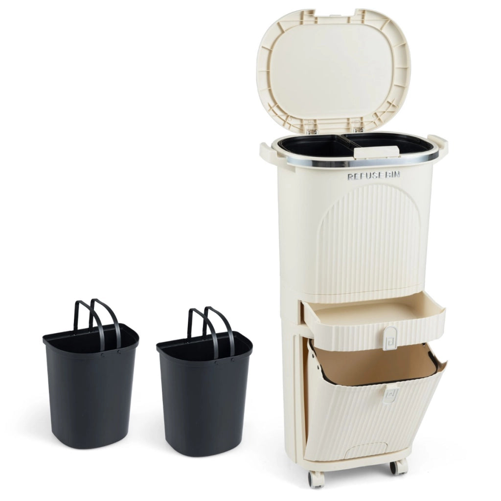 Cestino spazzatura 42l coperchio bidone 3 strati raccolta differenziata, Cestino spazzatura 2 secchi rimovibili Beige-Organizzazione della cucina