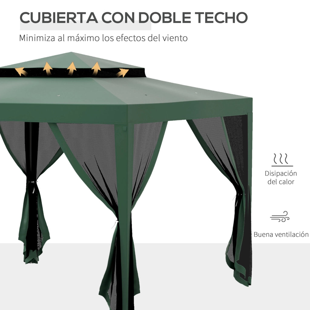 Gazebo da Giardino 3x3 m ¨C Zephmum ¨C Verde con 4 Mosquitiere e Tetto Doppio