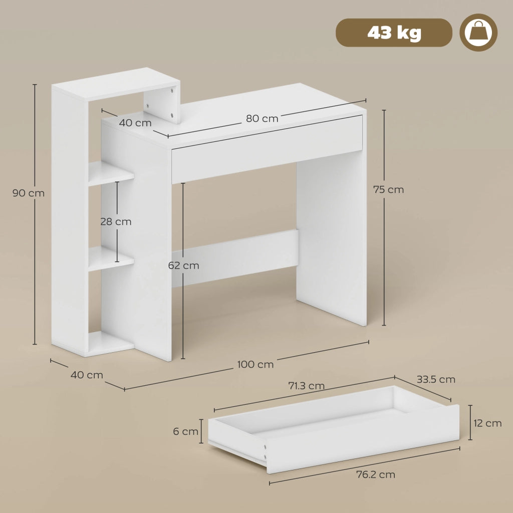 Scrivania Moderna 100x40x90 cm con Ripiani e Cassetto in Legno Bianco