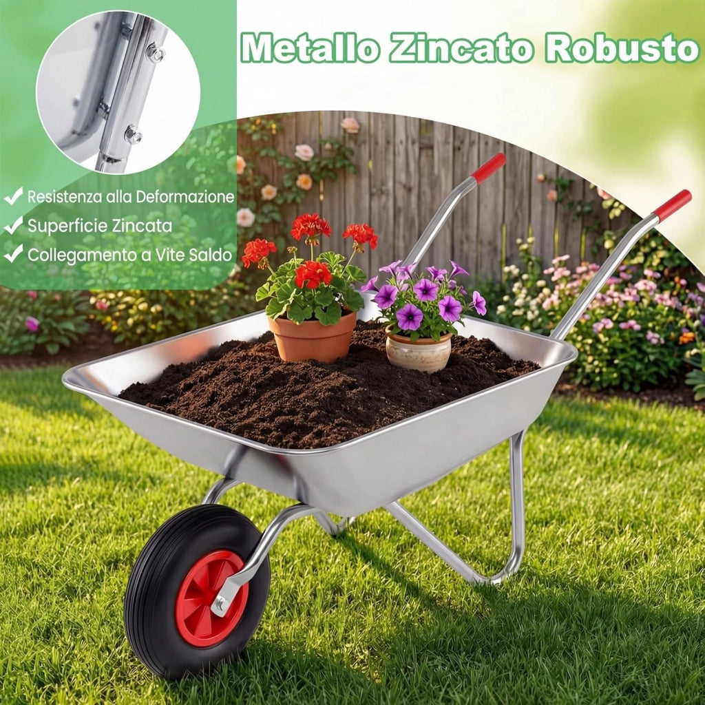 Carriola da Giardino, Carriola a Ruota Singola con 2 Manici Ergonomici e Ruota in Gomma, Capacità 62,5L 136 kg, Acciaio Zincato, per Giardinaggio, Costruzioni e Trasporto, 133 x 60 x 64 cm