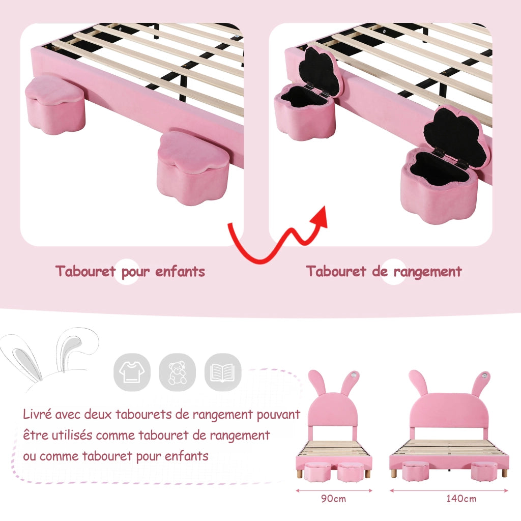 OKWISH Letto Bambini 90×200 cm, Letto Singolo con 2 Panche Contenitore, LED e Orecchie da Coniglio Pieghevoli, senza Materasso, Velluto Rosa