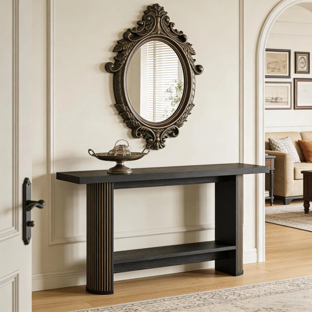Consolle sottile in legno con piano ampio; design moderno per ingresso e soggiorno; finitura nera; 153×38×16 cm