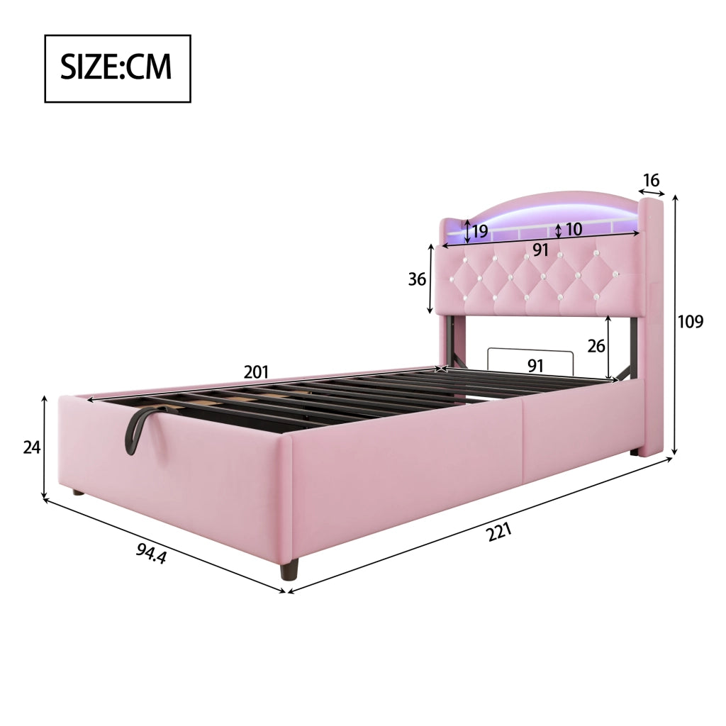 Letto bambino imbottito singolo 90×200 cm con contenitore; LED; USB e Type-C; senza materasso; velluto; rosa
