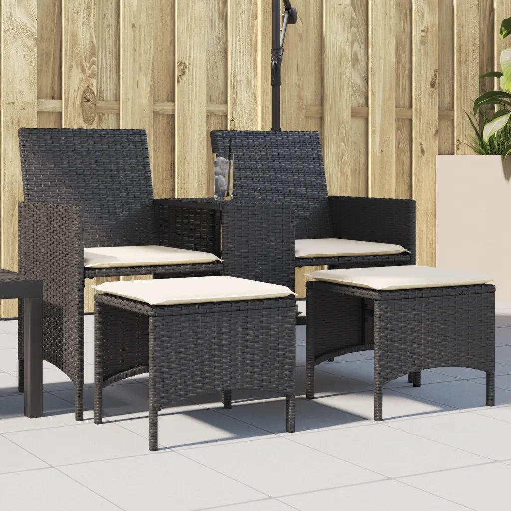 Divano Giardino 2 Posti con Tavolo e Sgabelli Nero Polyrattan 4003890
