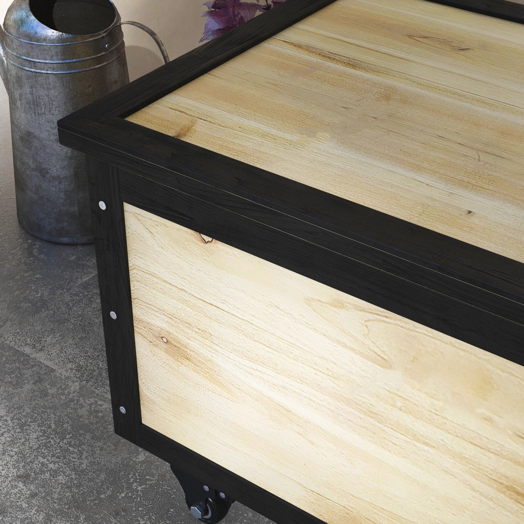 Mobile contenitore da esterno con coperchio e 2 ruote; in legno; per balcone e terrazza; 100×50×43 cm