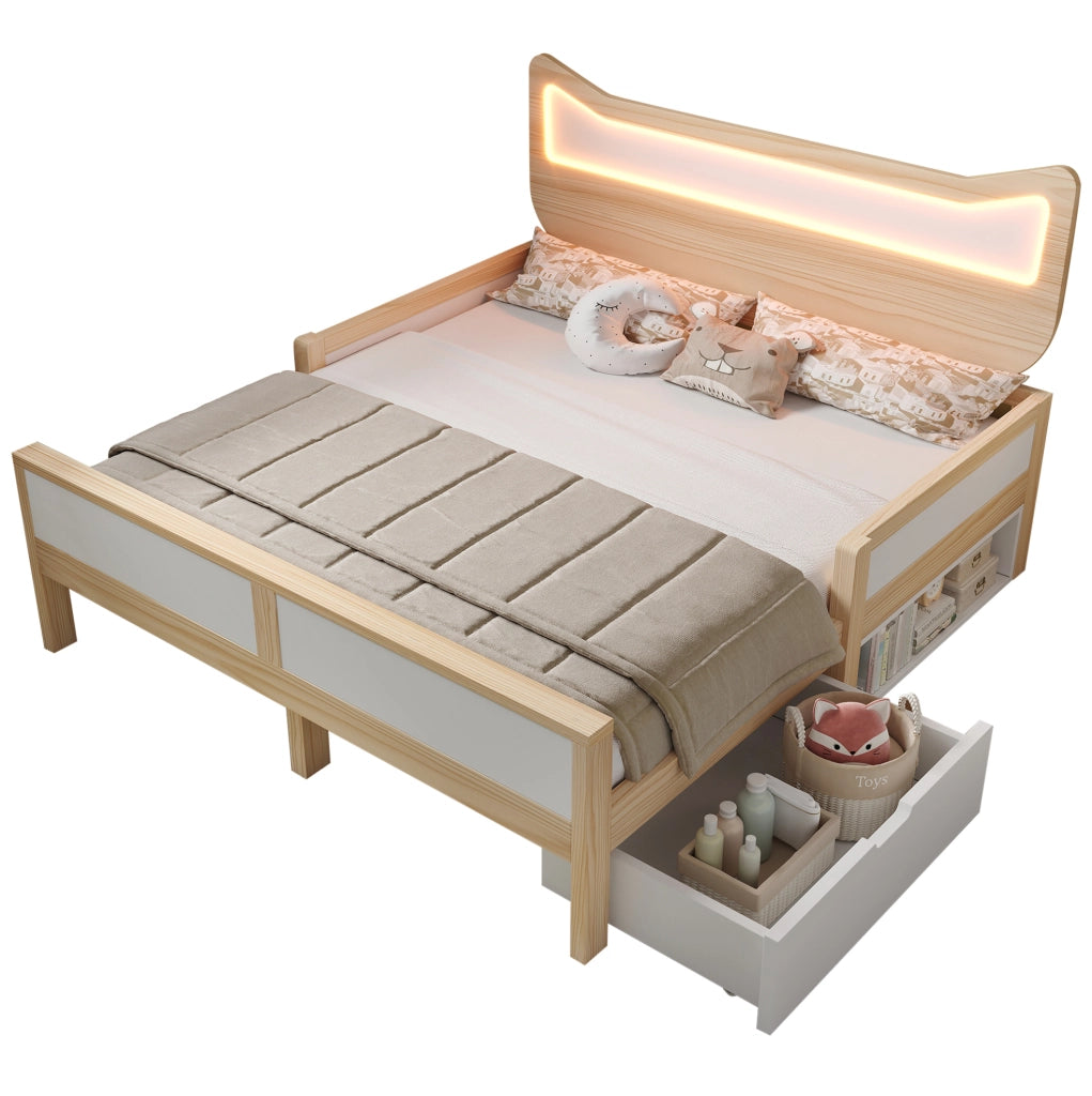 Letto per bambini a forma di gatto con LED RGB, cassetto e vano contenitore