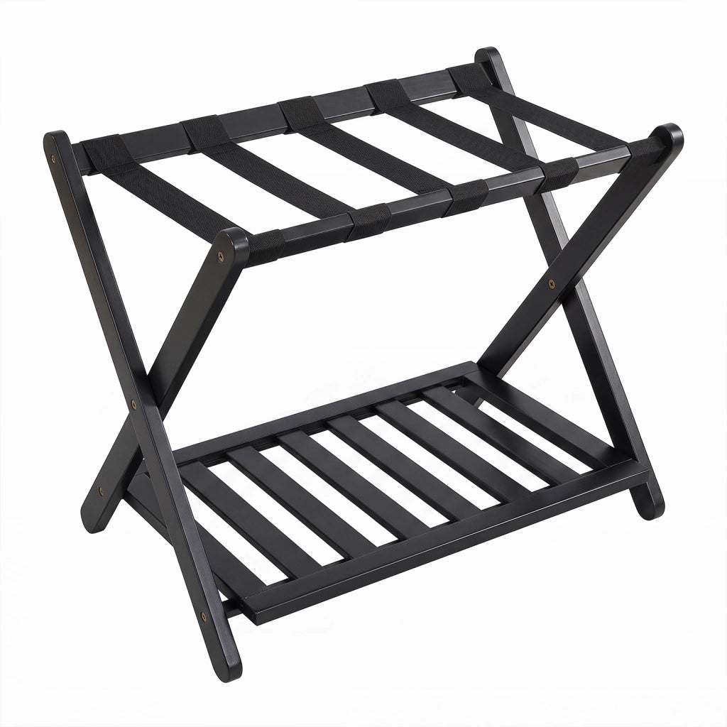 Set di 2 portavaligie bamb¨´ pieghevole con scarpiera e 5 cinghie cavalletto reggivaligie, Porta valigia a 2 ripiani Nero