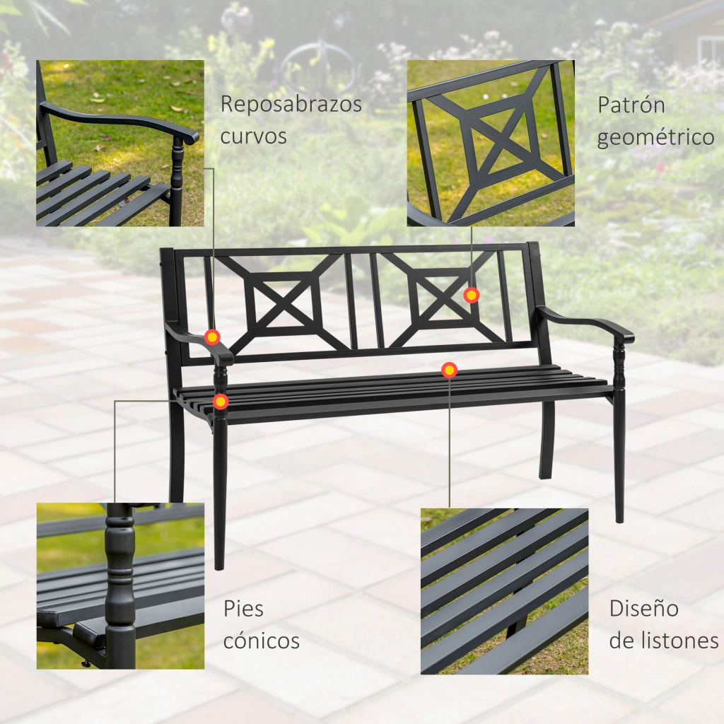 Panchina da Giardino 2 Posti ¨C Xylo ¨C Acciaio Nero con Braccioli 128x62,5x81,5 cm