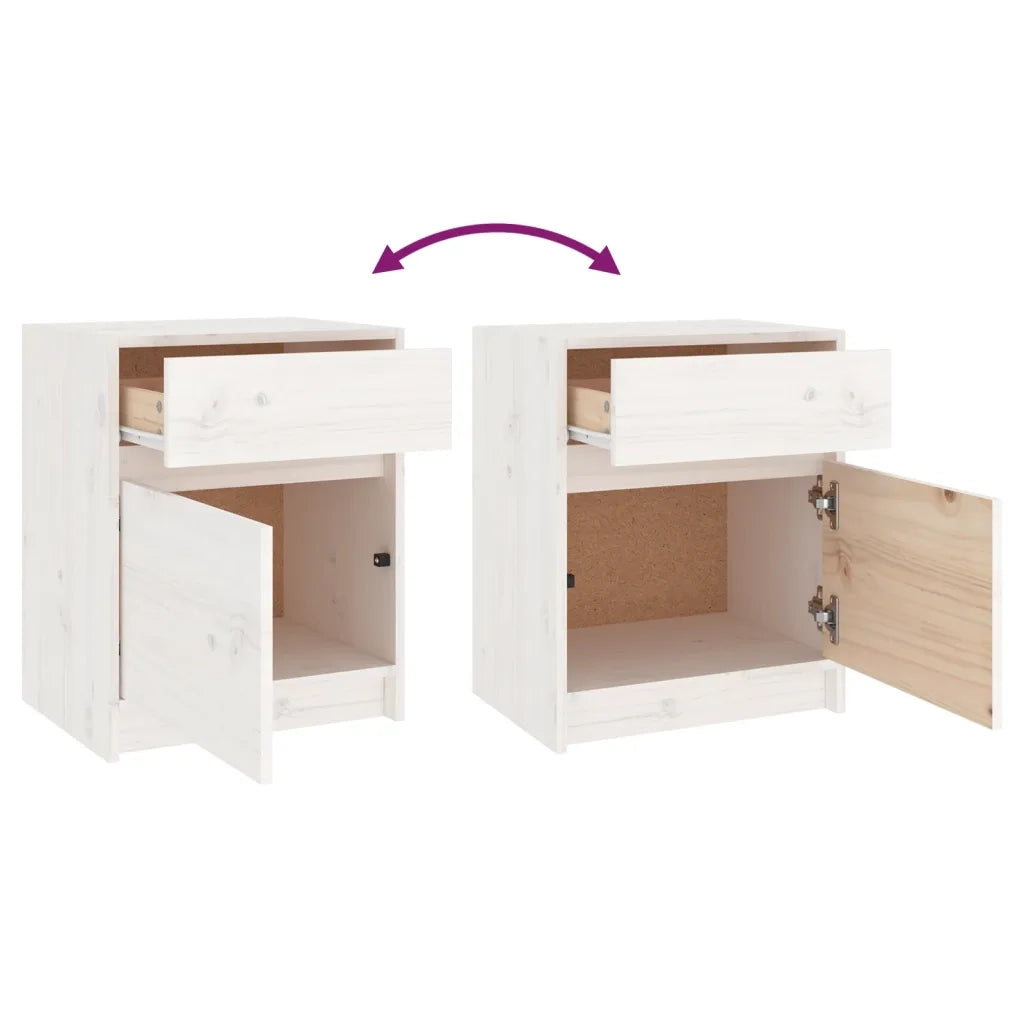 Set di 2 Comodini | Armadio da Notte | Mobiletto da notte Bianchi 40x31x50 cm in Legno Massello di Pino