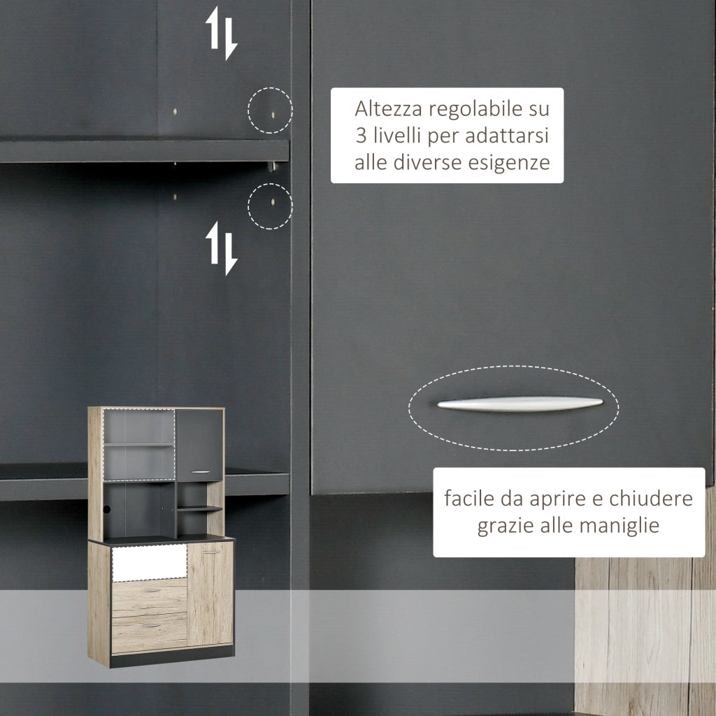 Mobile Cucina Credenza Moderna Salvaspazio con 2 armadietti 3 cassetti 3 ripiani Legno 90 x 39 x 169cm colore Grigio Rovere Chiaro