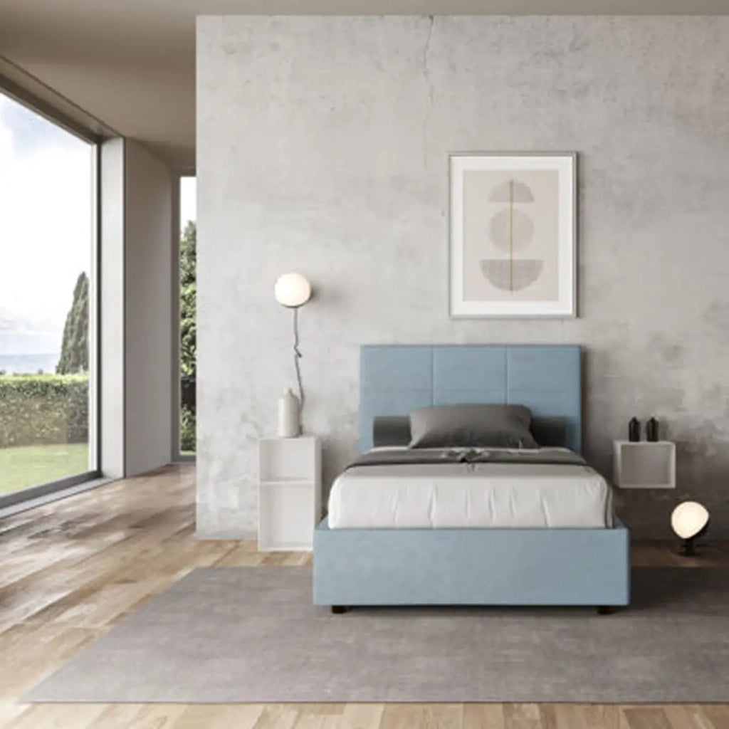 Letto una piazza e mezza con rete imbottito 120x190 microfibra azzurro Mika