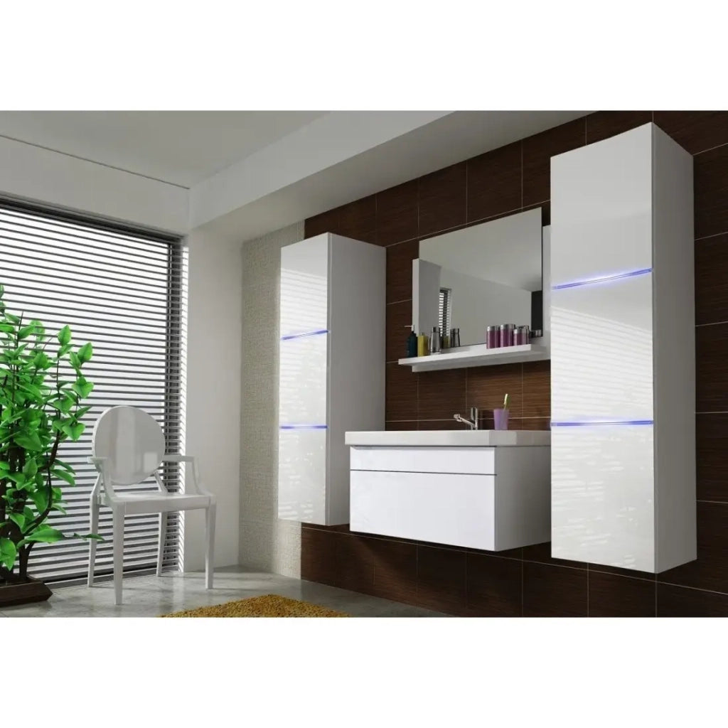 Set di mobili da bagno bianchi, collezione RAVEN, colonne, specchio, mobile sotto lavabo.