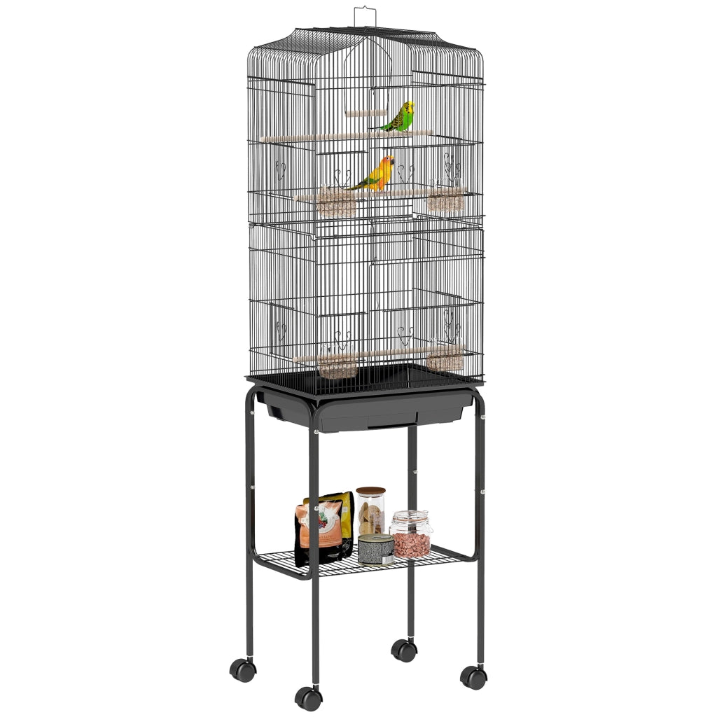 Gabbia per uccelli voliera con ruote tetto apribile 3 posatoi ¨C zephmum ¨C nero 46.5x36x157cm
