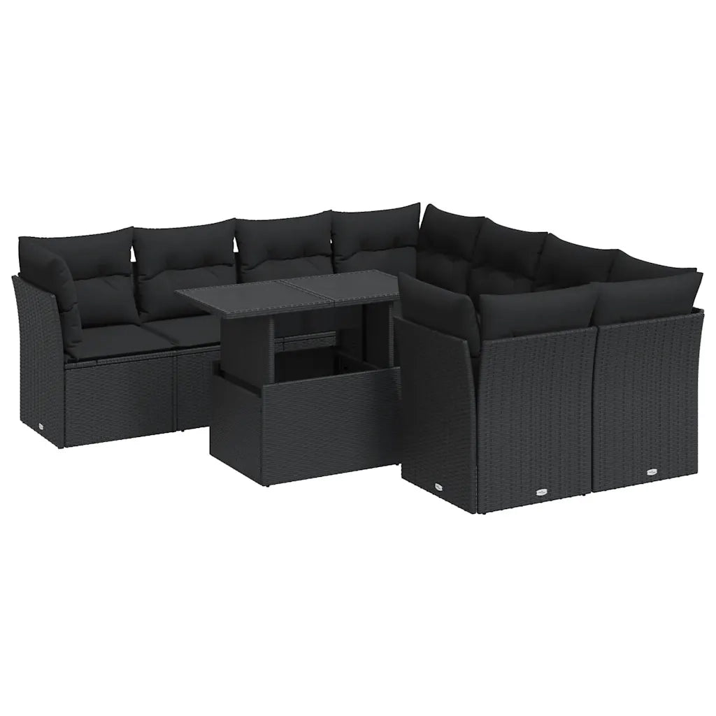Set Divani da Giardino 9 pz con Cuscini Nero in Polyrattan 3326126