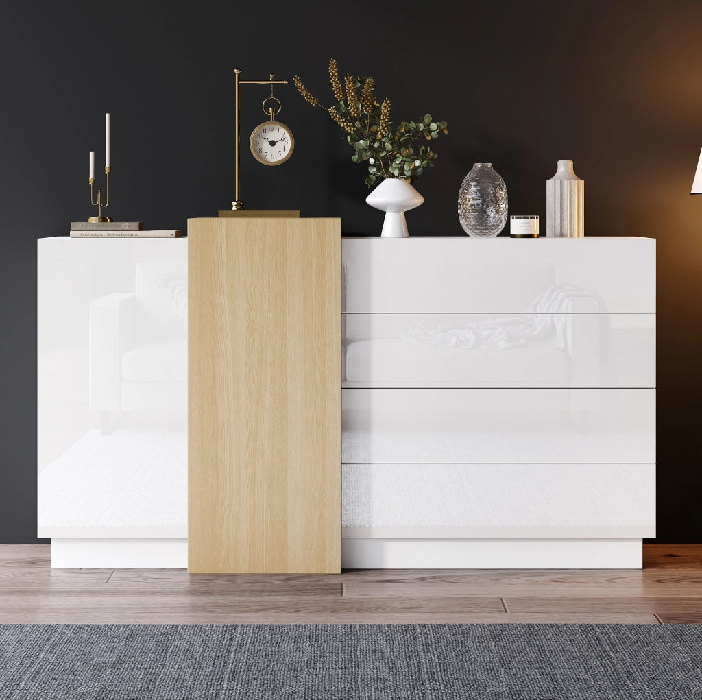 Credenza moderna bianca lucida in MDF 140 x 35 x 76;5 cm con 4 cassetti e 2 ante