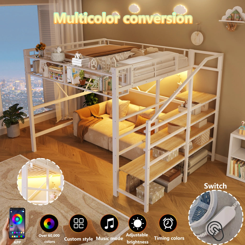 DESMIU Lit mezzanine 140 × 200 cm 2 posti con ripiani, LED, cestino portaoggetti, senza materasso, bianco