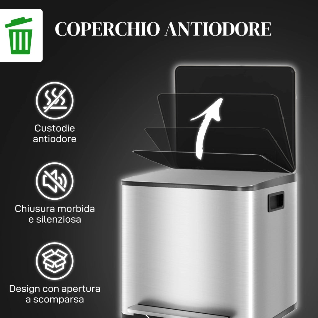 Pattumiera a Pedale 2 Scomparti ¨C Xylo ¨C 15L Acciaio Inox Coperchio Silenzioso 41.8x36.7x44cm