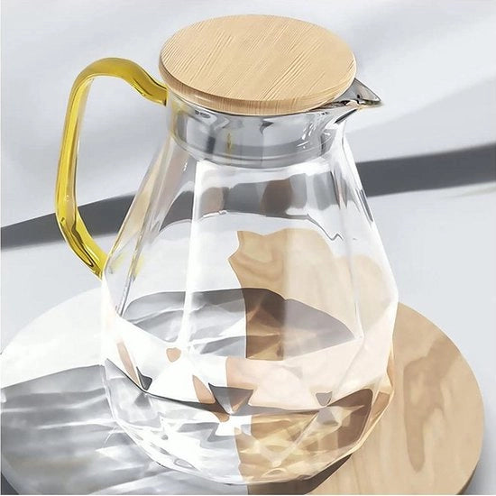 Caraffa in vetro di 2 litri con disegno a diamante e coperchio in bambù - caraffa decorativa per soggiorno - alta resistenza - resistente al calore e alla pressione