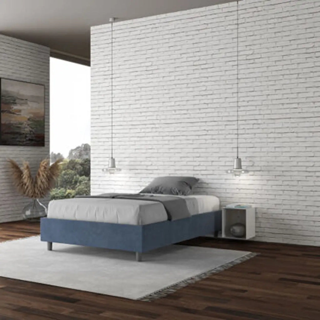 Letto matrimoniale francese con rete imbottito 140x200 microfibra blu Azelia