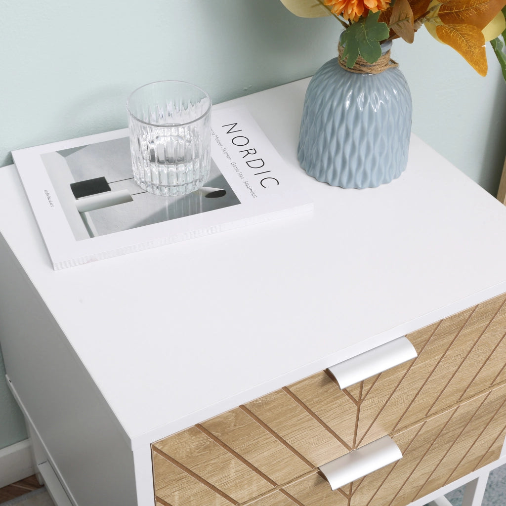 Comodino con 2 cassetti ¨C Xylo ¨C Bianco e rovere, gambe in acciaio, 45x39x48 cm