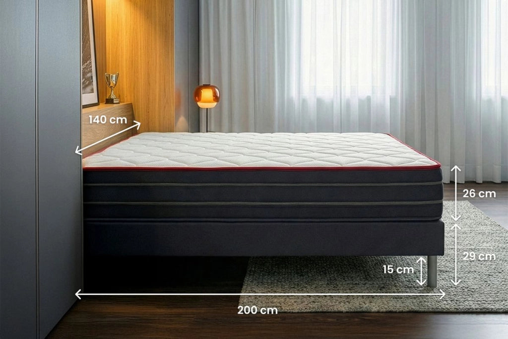 Pacchetto letto completo - Materasso 140x200cm + Box spring con doghe (kit) + 2 cuscini + Piumino - Boost