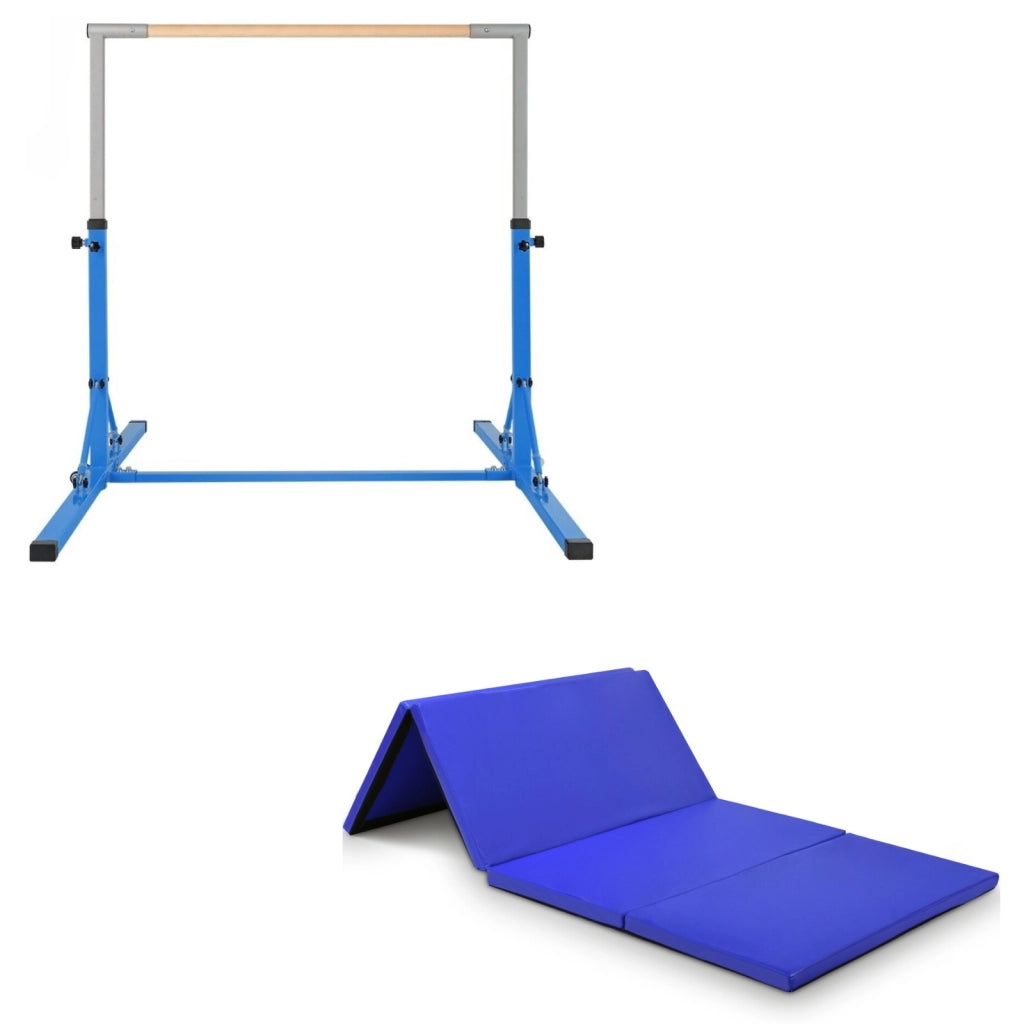 Barra ginnastica per bambini e materassino pieghevole per yoga, Attrezzatura palestra domestica e tappetino da ginnastica Blu
