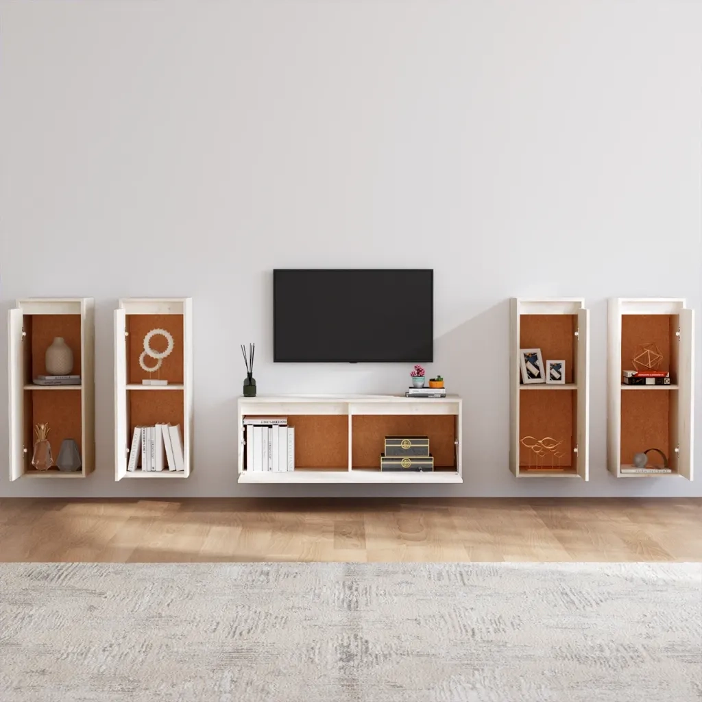 Mobili Porta TV 5 pz Bianchi in Legno Massello di Pino 623314