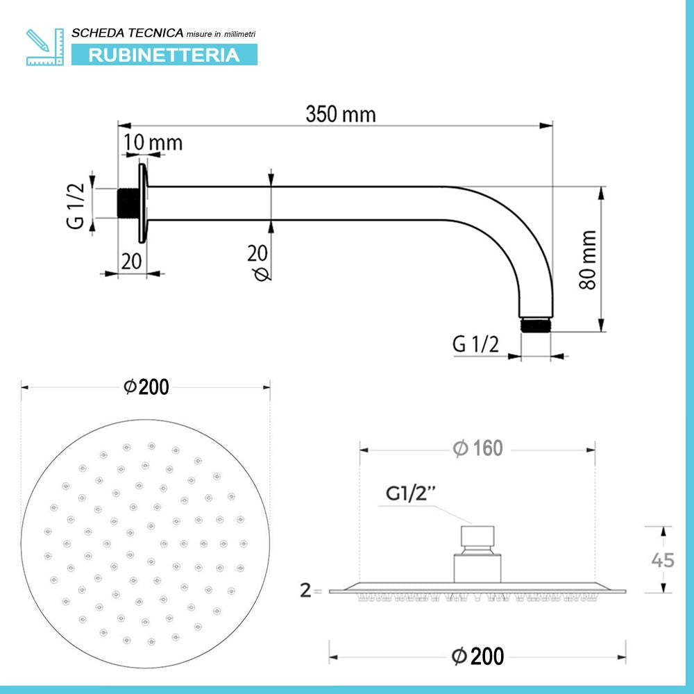 Kit doccia con miscelatore York con braccio 35 e soffione 20 cromo