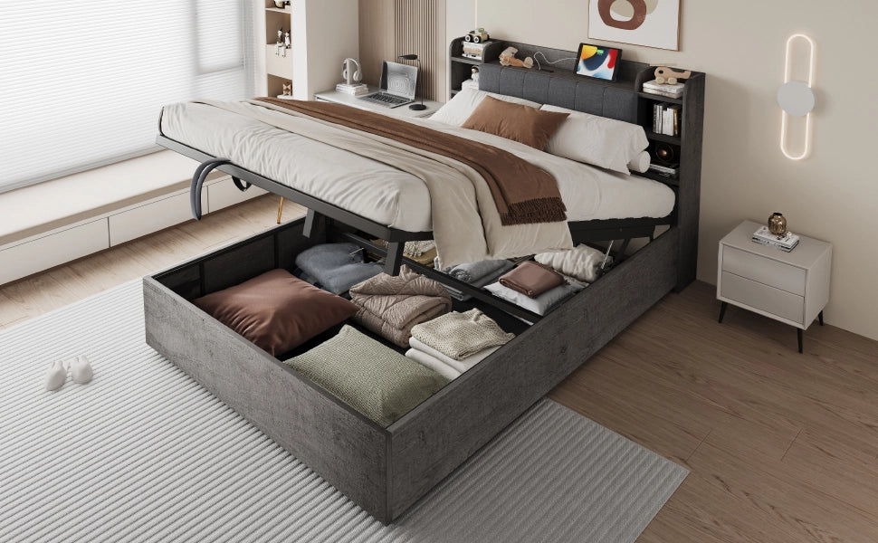 Letto contenitore 180 × 200 cm con sollevamento idraulico, USB e Type-C, ripiani, senza materasso, grigio