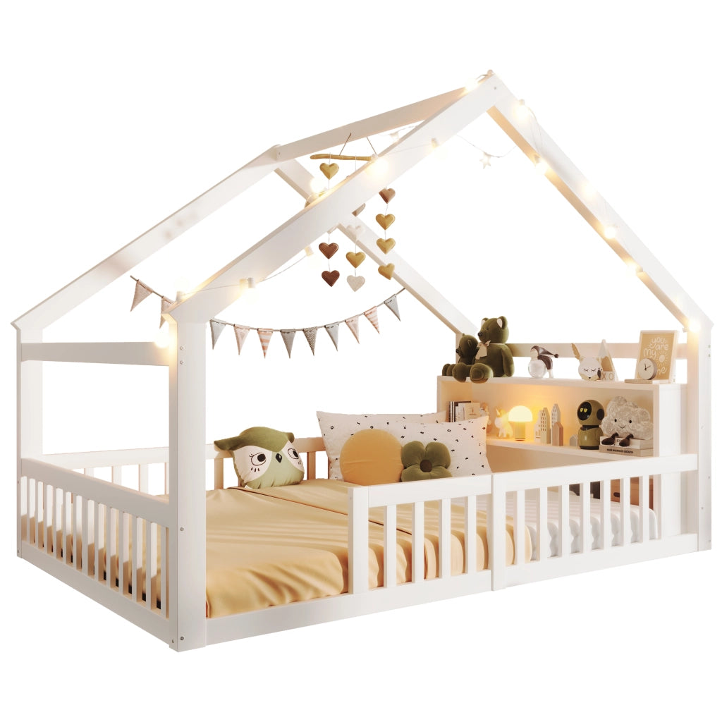 OKWISH Letto Bambini 140×190 cm, Letto Singolo con Sponde, LED e Mensole, senza Materasso, in Pino e MDF, Bianco