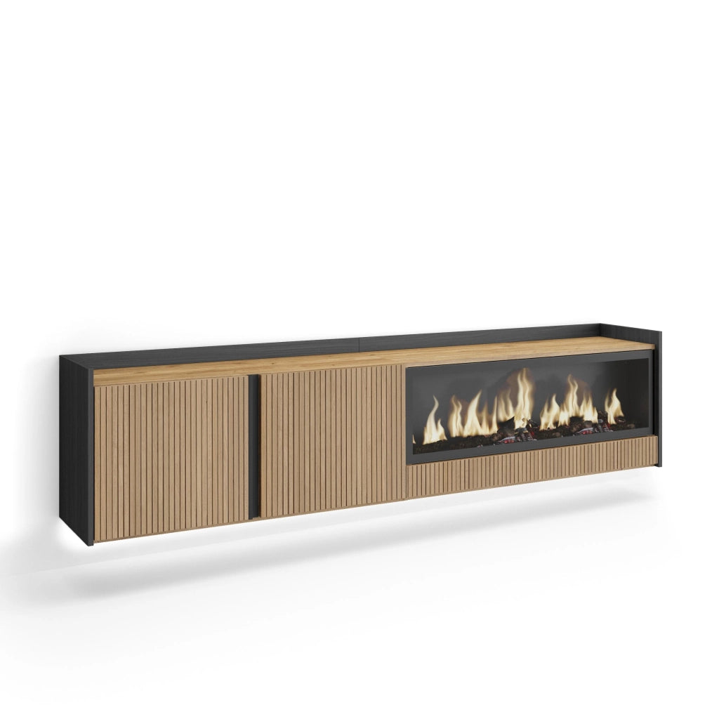Mobile TV Soggiorno, 212x50x35 cm, Per TV fino a 80", Camino elettrico XXL, Sospeso, da appendere, Led, Rovere e nero