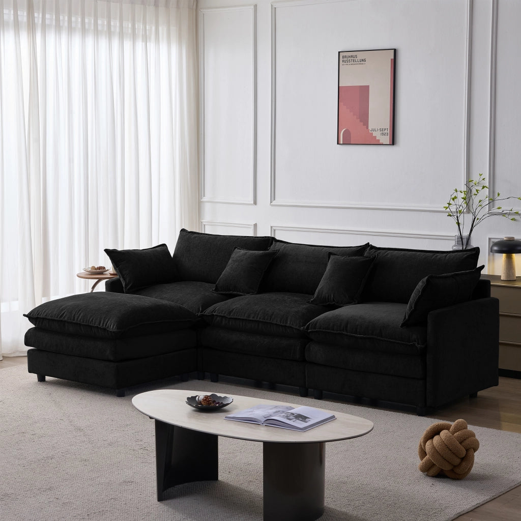 Divano angolare modulare 3 posti con pouf mobile e cuscini sfoderabili per soggiorno in chenille nero