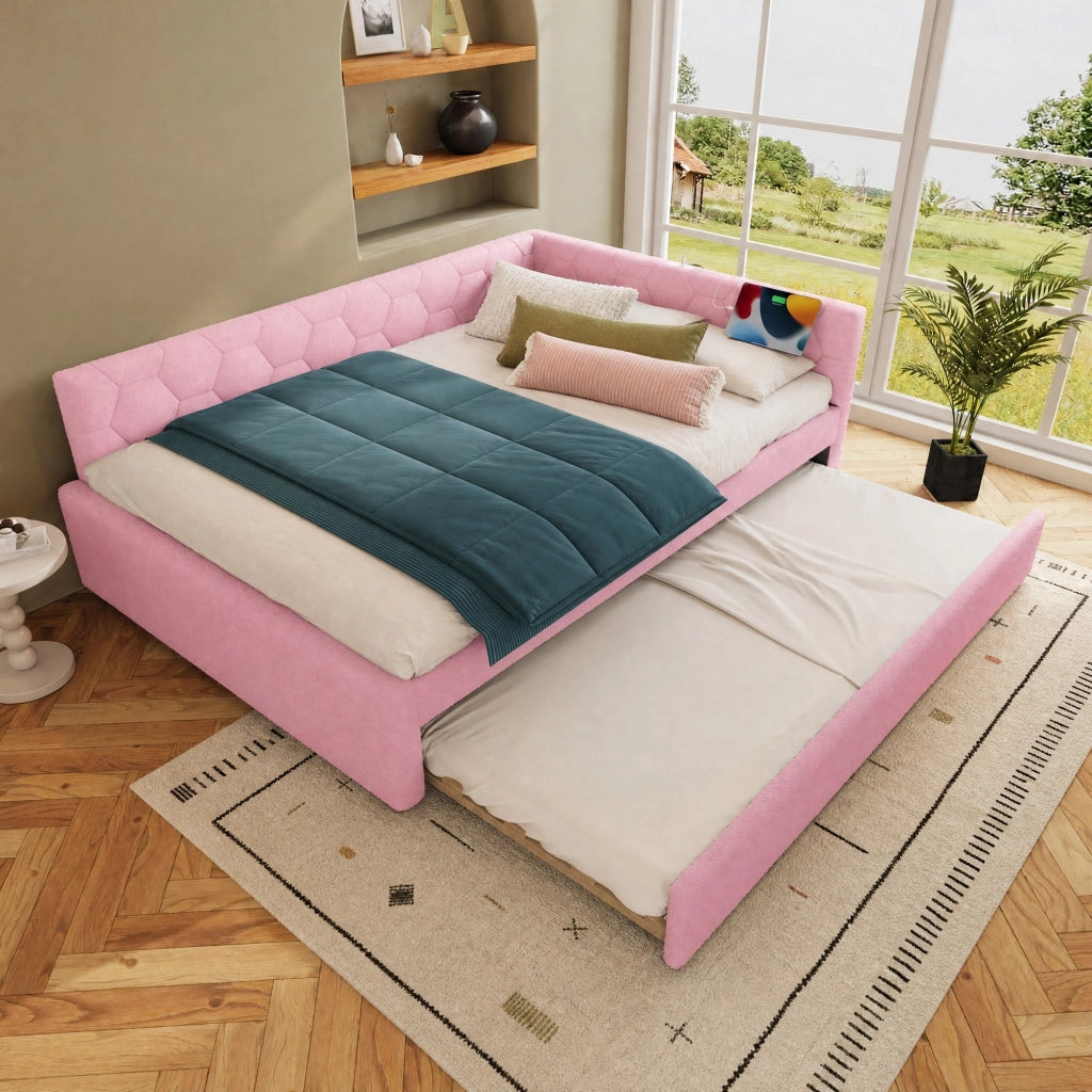 Letto daybed 140x200 cm con letto estraibile, presa USB e luce integrata