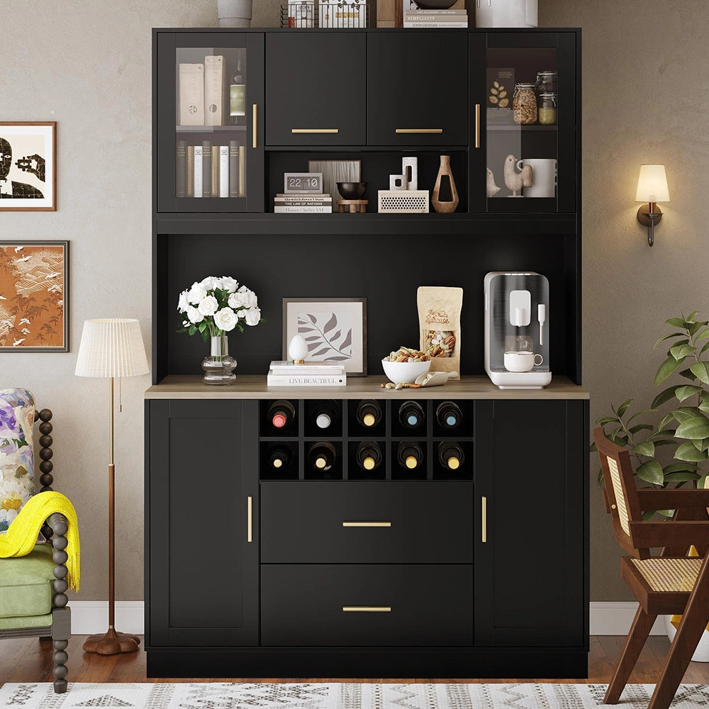 Armadio laterale per cucina - Xylo - 120x36,3x180 cm - Nero/Bianco - Illuminazione LED e presa di corrente